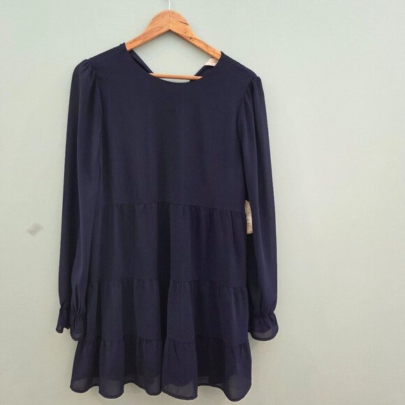ALTAR'D STATE NAVY BLUE MINI DRESS SIZE MEDIUM WITH RUFFLES AND LONG SLEEVE - Picture 1 of 13